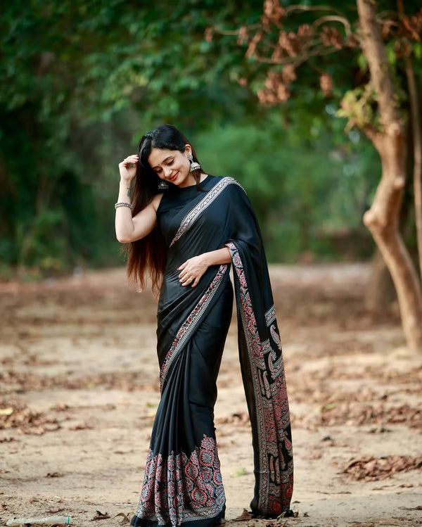 Black Ajrakh Printed Modal Silk Plain Saree With Ajrakh Blouse P6