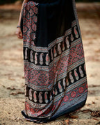Black Ajrakh Printed Modal Silk Plain Saree With Ajrakh Blouse P6