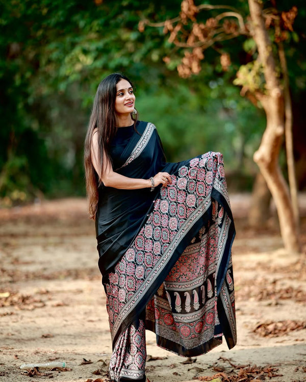 Black Ajrakh Printed Modal Silk Plain Saree With Ajrakh Blouse P6