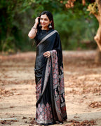 Black Ajrakh Printed Modal Silk Plain Saree With Ajrakh Blouse P6