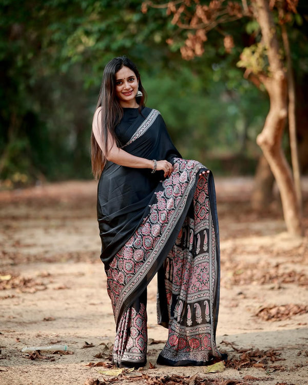 Black Ajrakh Printed Modal Silk Plain Saree With Ajrakh Blouse P6