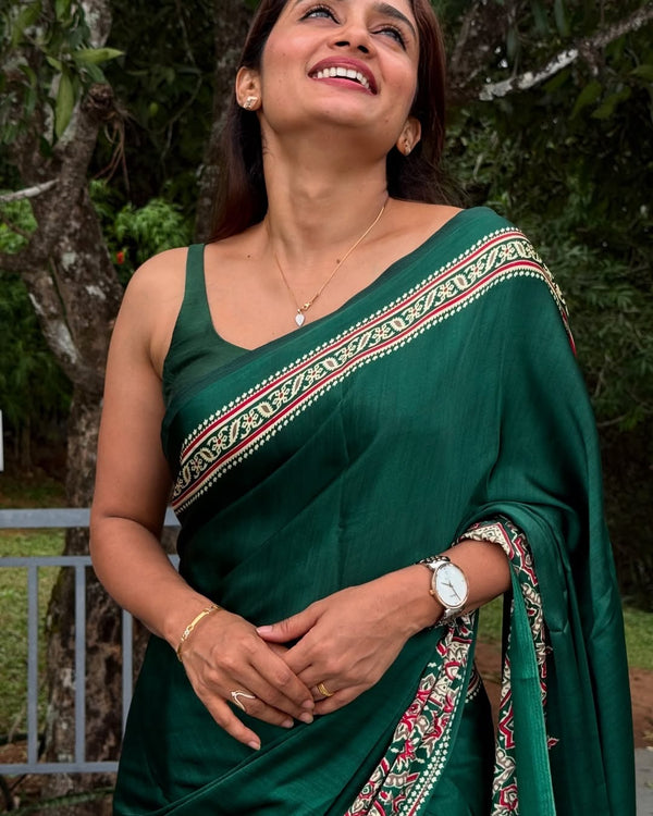 Green Ajrakh Printed Modal Silk Plain Saree With Ajrakh Blouse P6