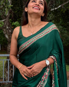 Green Ajrakh Printed Modal Silk Plain Saree With Ajrakh Blouse P6