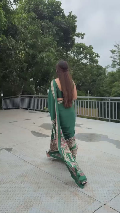 Green Ajrakh Printed Modal Silk Plain Saree With Ajrakh Blouse P6